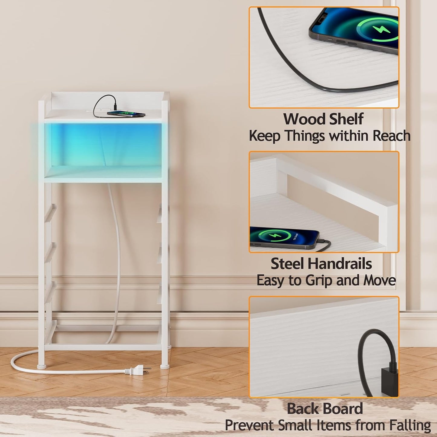 LED Nightstand with Charging Station, 4-Drawer Fabric Dresser, RGB Bedside Table with Open Shelf Storage