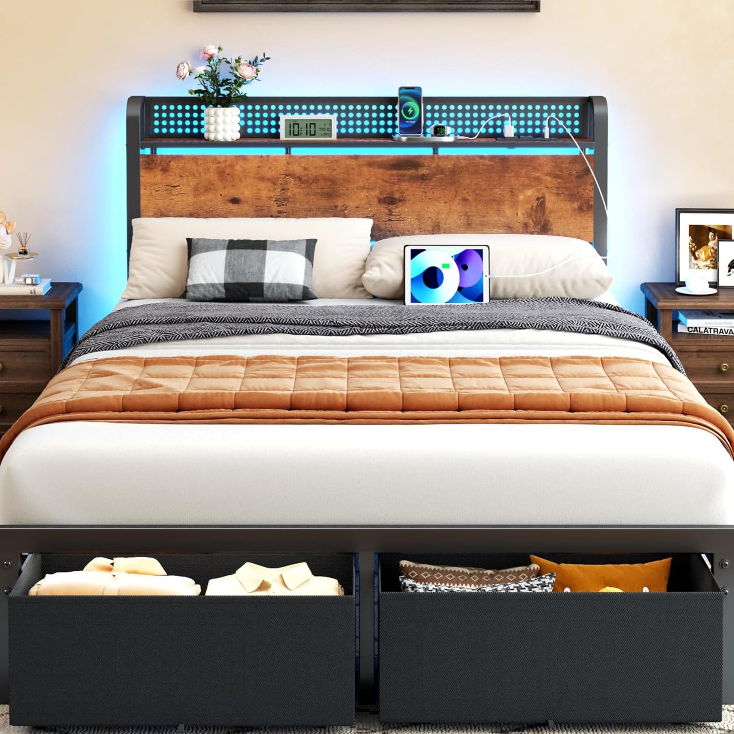 LED Bed Frame with Storage Drawers, Metal Mesh Headboard with Charging Station, RGB Platform Bed