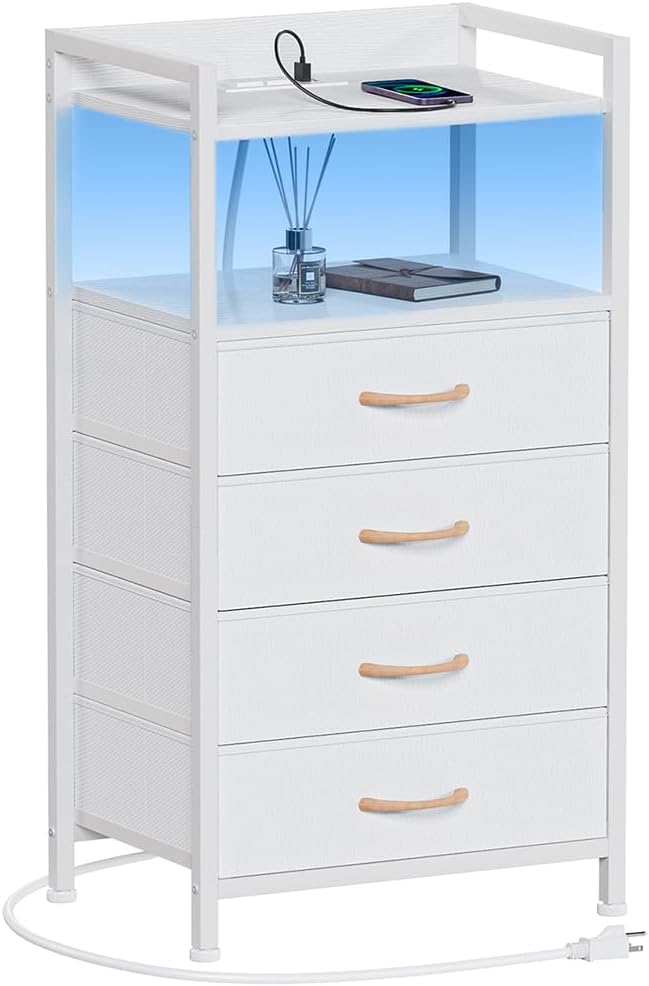 LED Nightstand with Charging Station, 4-Drawer Fabric Dresser, RGB Bedside Table with Open Shelf Storage