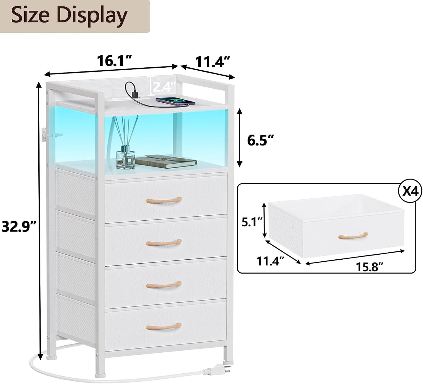 LED Nightstand with Charging Station, 4-Drawer Fabric Dresser, RGB Bedside Table with Open Shelf Storage
