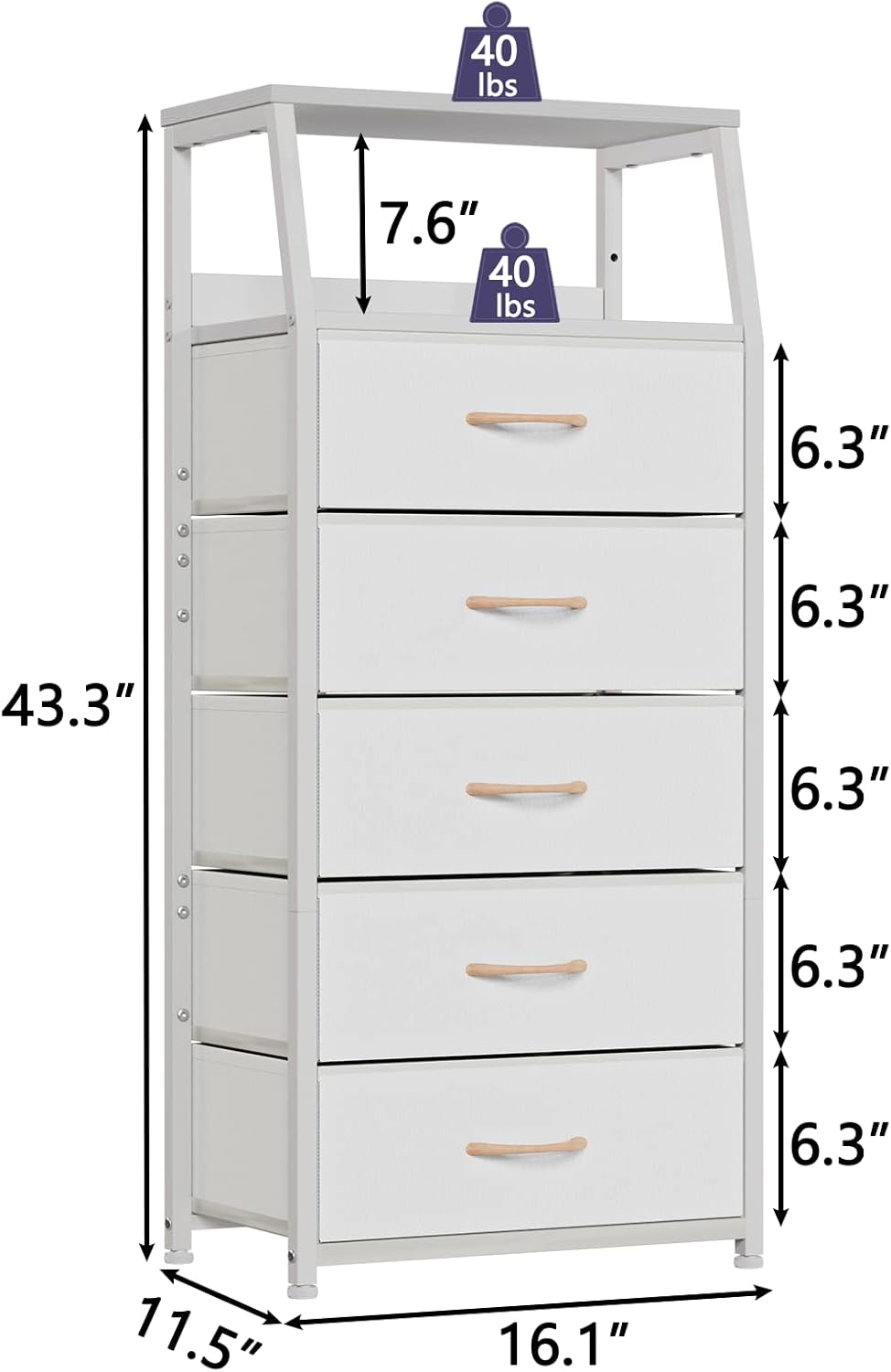 Tall Fabric Drawer Dresser, Narrow Storage Chest with Wooden Top & Metal Frame, Modern Bedroom Organizer