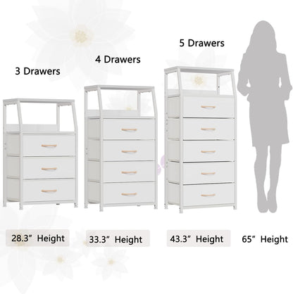 Tall Fabric Drawer Dresser, Narrow Storage Chest with Wooden Top & Metal Frame, Modern Bedroom Organizer