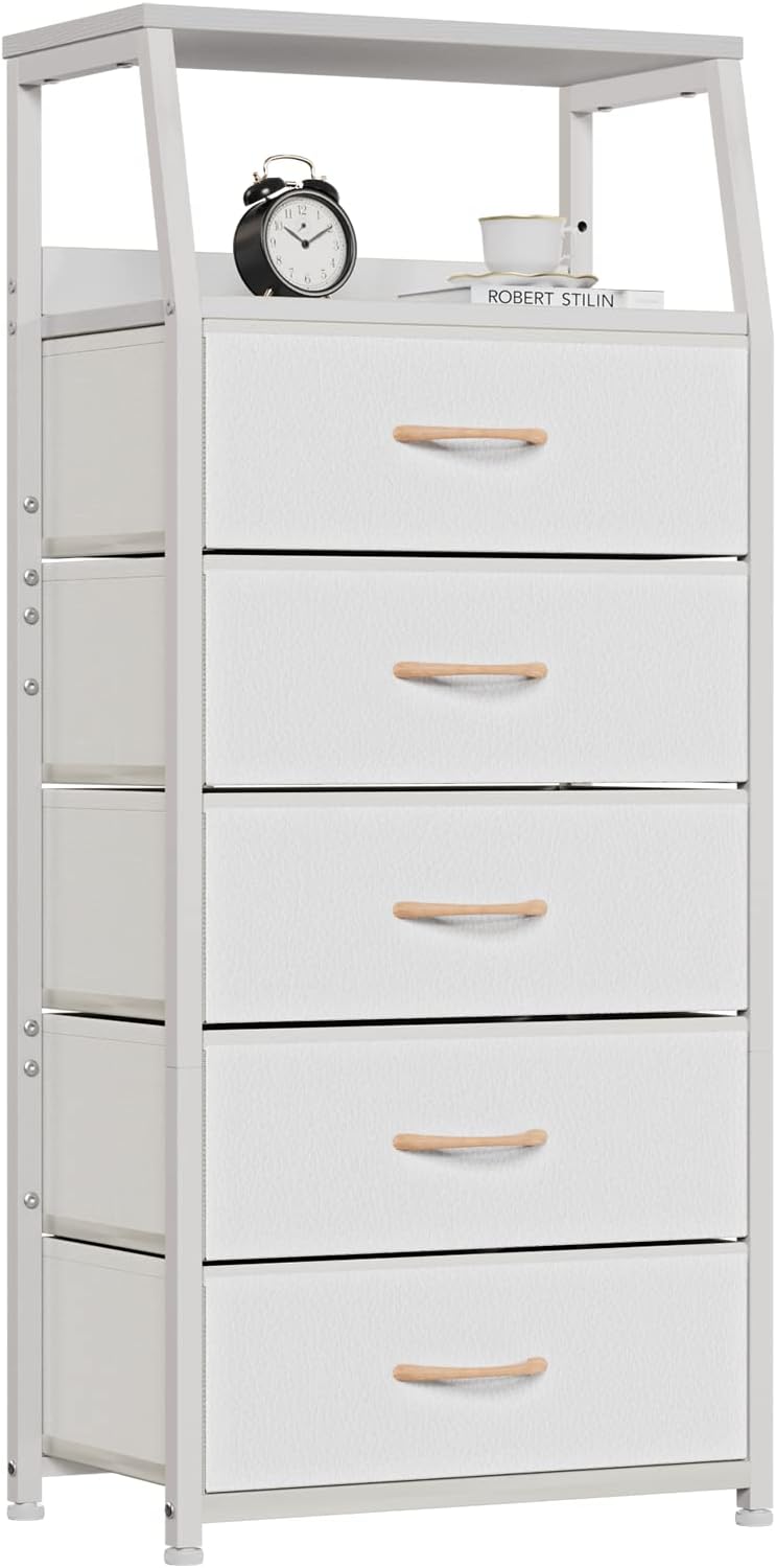 Tall Fabric Drawer Dresser, Narrow Storage Chest with Wooden Top & Metal Frame, Modern Bedroom Organizer