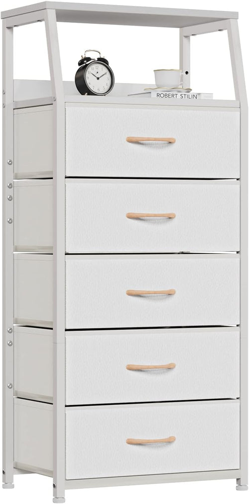 Tall Fabric Drawer Dresser, Narrow Storage Chest with Wooden Top & Metal Frame, Modern Bedroom Organizer