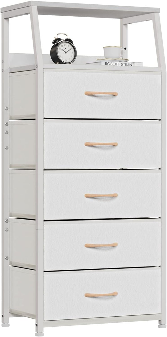 Tall Fabric Drawer Dresser, Narrow Storage Chest with Wooden Top & Metal Frame, Modern Bedroom Organizer