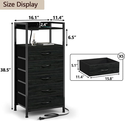 LED Nightstand with Charging Station, 4-Drawer Fabric Dresser, RGB Tall Bedside Table with Open Shelves