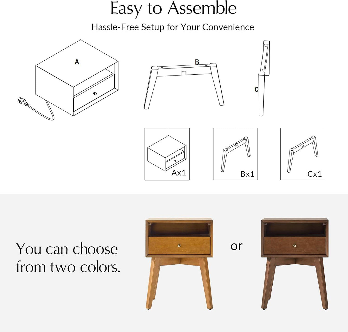 Complete Mid-Century Modern Bedroom Set with Bed Frame and Two Smart Nightstands