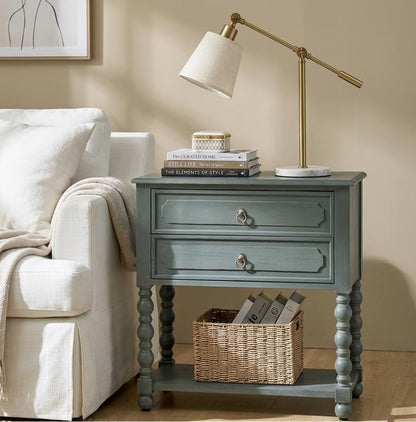 Vintage Solid Wood Nightstand with Drawers, Open Shelf and Charging Station