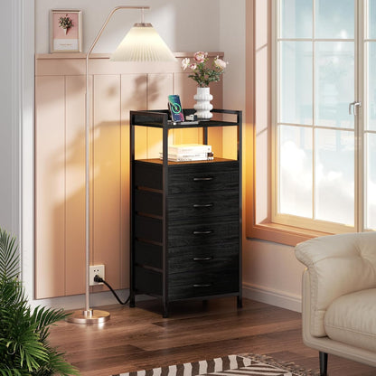 LED Nightstand with Charging Station, 4-Drawer Fabric Dresser, RGB Tall Bedside Table with Open Shelves