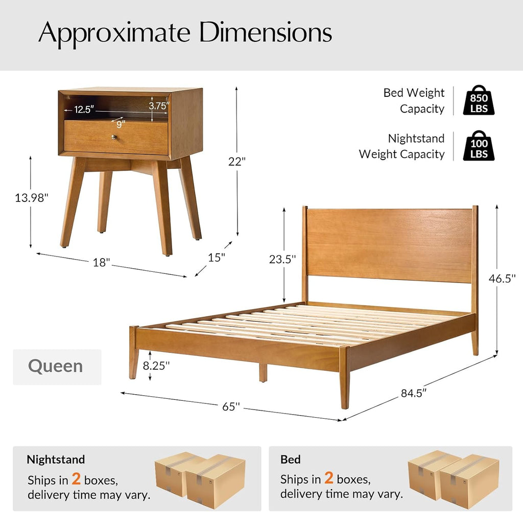 Complete Mid-Century Modern Bedroom Set with Bed Frame and Two Smart Nightstands
