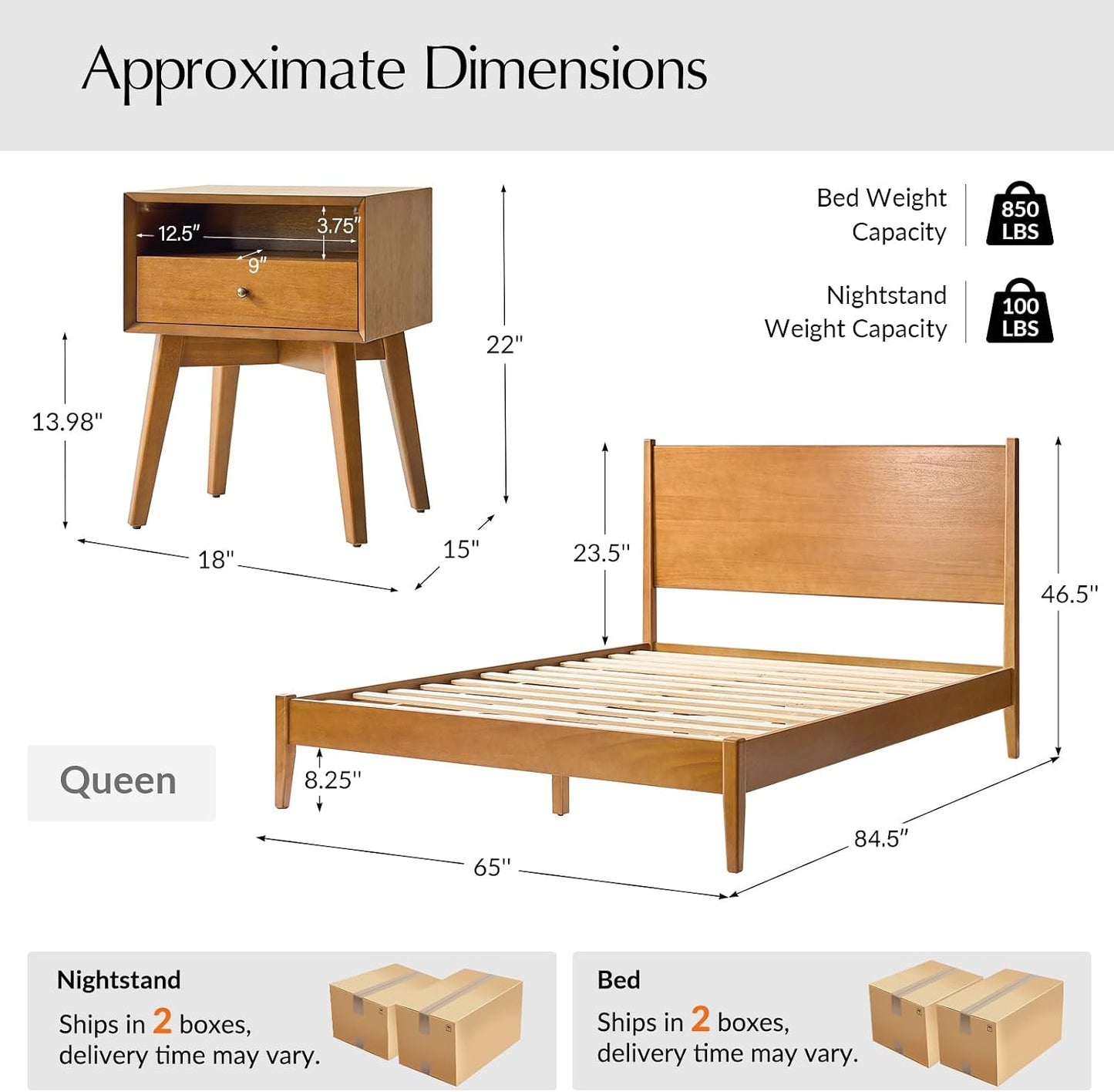 Complete Mid-Century Modern Bedroom Set with Bed Frame and Two Smart Nightstands