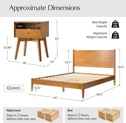 Complete Mid-Century Modern Bedroom Set with Bed Frame and Two Smart Nightstands