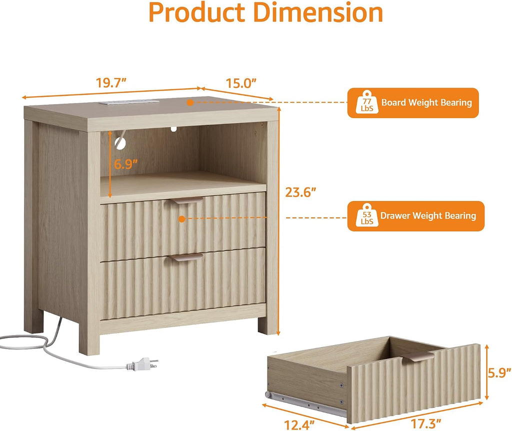 Nightstand with Charging Station, Fluted Wood Bedside Table with Drawer & Open Shelf, Modern End Table