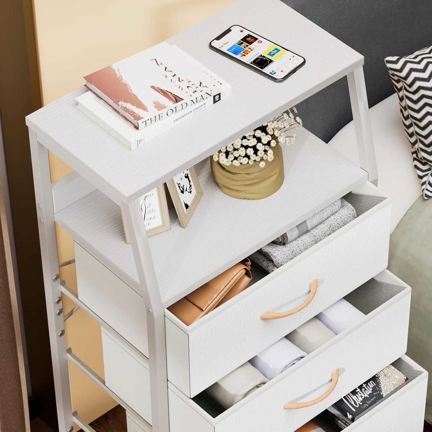Tall Fabric Drawer Dresser, Narrow Storage Chest with Wooden Top & Metal Frame, Modern Bedroom Organizer
