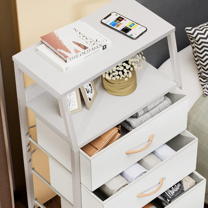 Tall Fabric Drawer Dresser, Narrow Storage Chest with Wooden Top & Metal Frame, Modern Bedroom Organizer