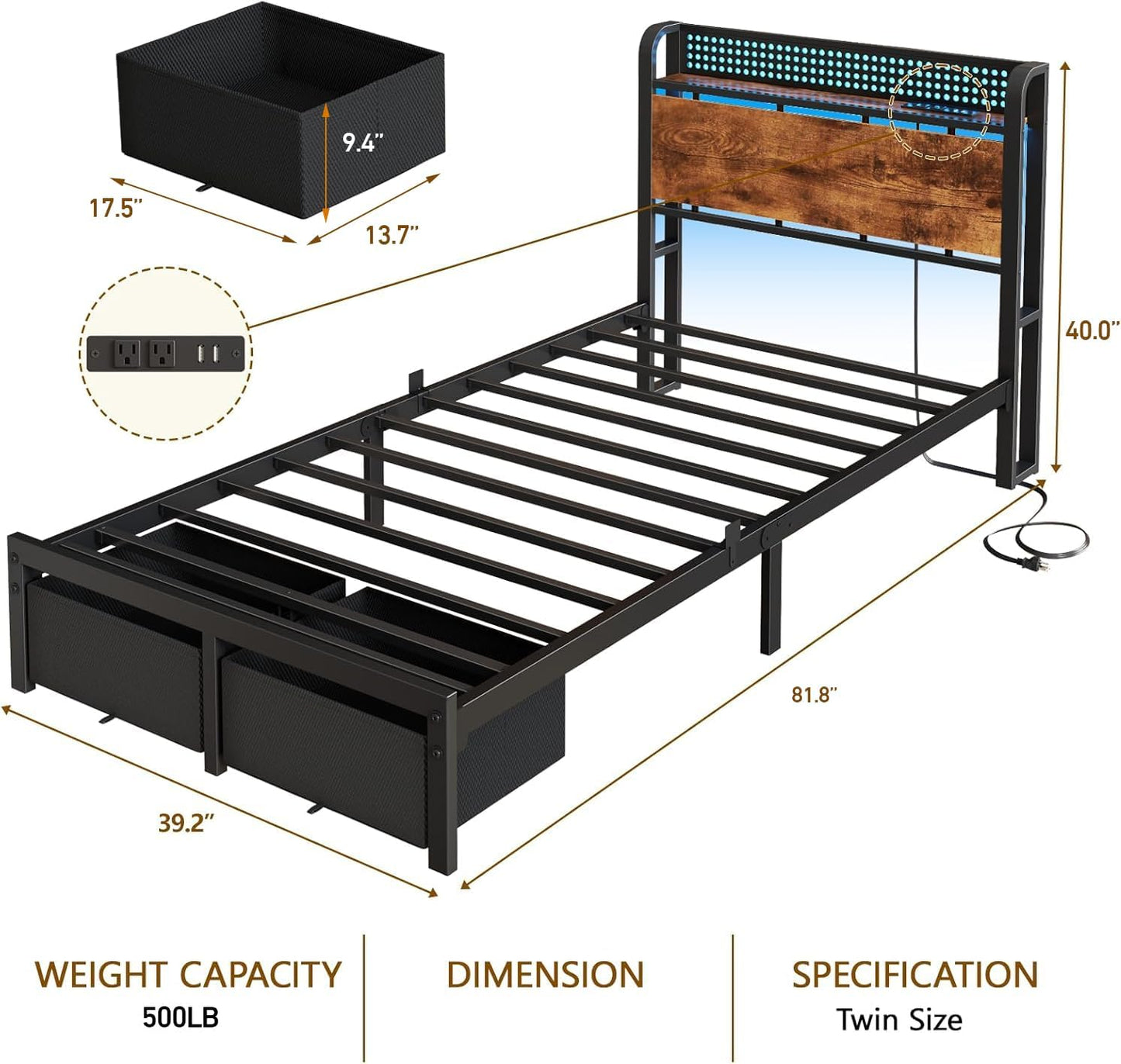 LED Bed Frame with Storage Drawers, Metal Mesh Headboard with Charging Station, RGB Platform Bed