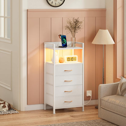 LED Nightstand with Charging Station, 4-Drawer Fabric Dresser, RGB Bedside Table with Open Shelf Storage