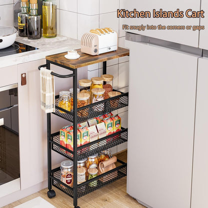 Slim Rolling Storage Cart, 5-Tier Narrow Kitchen Organizer with Wheels, Metal Utility Cart for Small Spaces