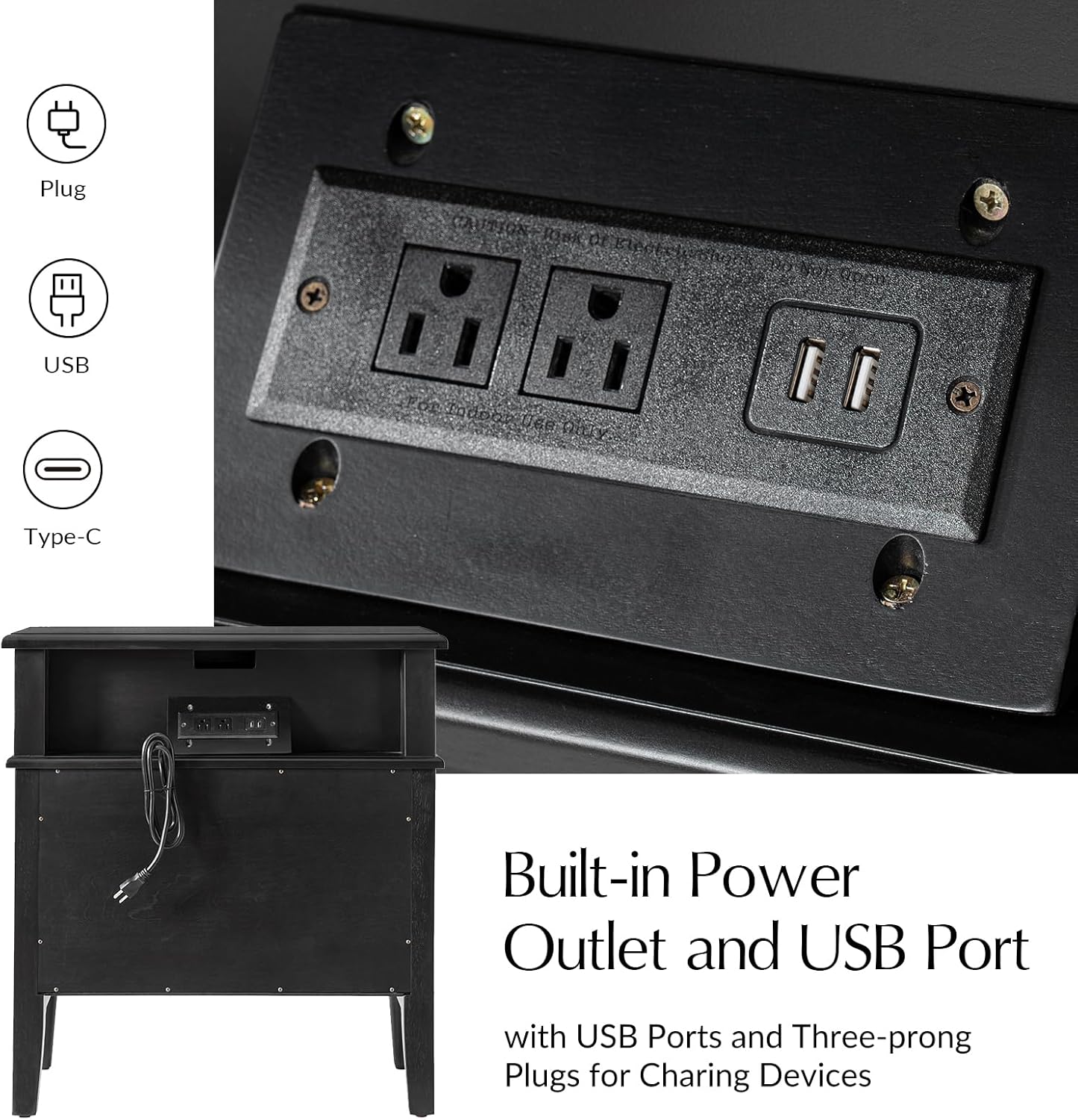 Hidden Storage Nightstand with Charging Station and Pull-Out Shelf