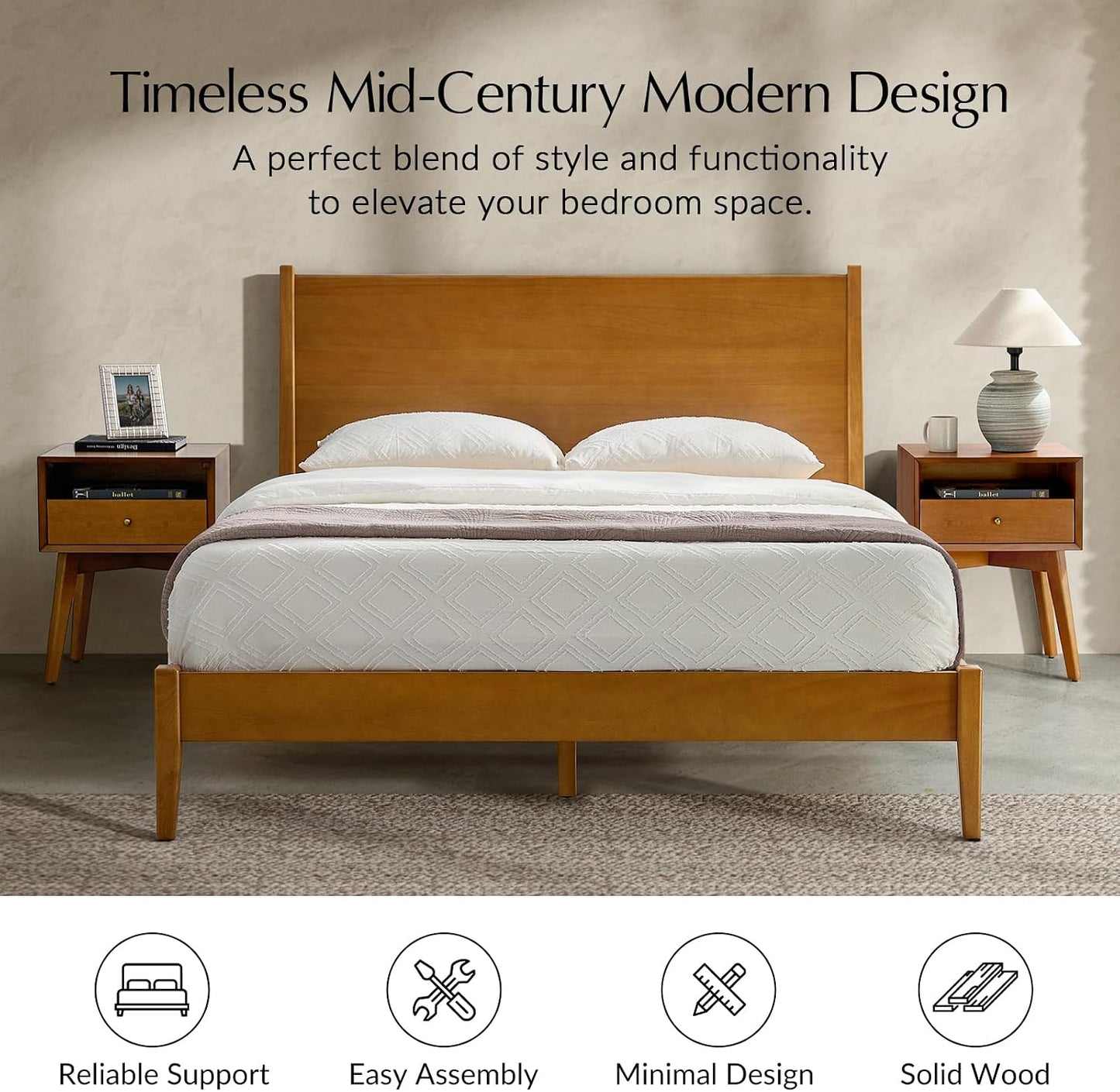 Complete Mid-Century Modern Bedroom Set with Bed Frame and Two Smart Nightstands