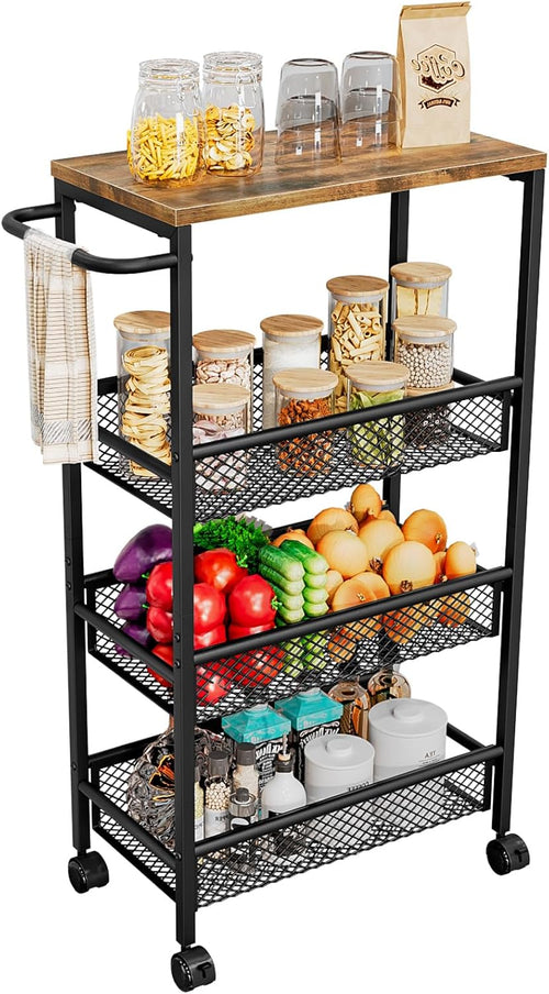 Slim Rolling Storage Cart, 5-Tier Narrow Kitchen Organizer with Wheels, Metal Utility Cart for Small Spaces
