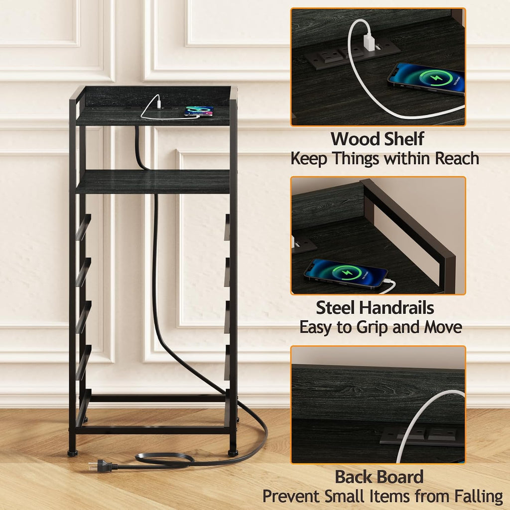LED Nightstand with Charging Station, 4-Drawer Fabric Dresser, RGB Tall Bedside Table with Open Shelves