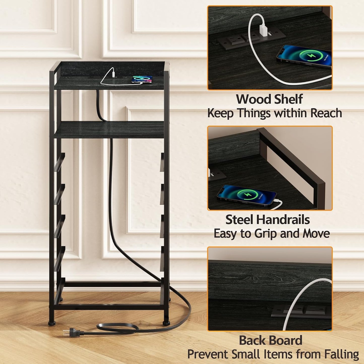 LED Nightstand with Charging Station, 4-Drawer Fabric Dresser, RGB Tall Bedside Table with Open Shelves