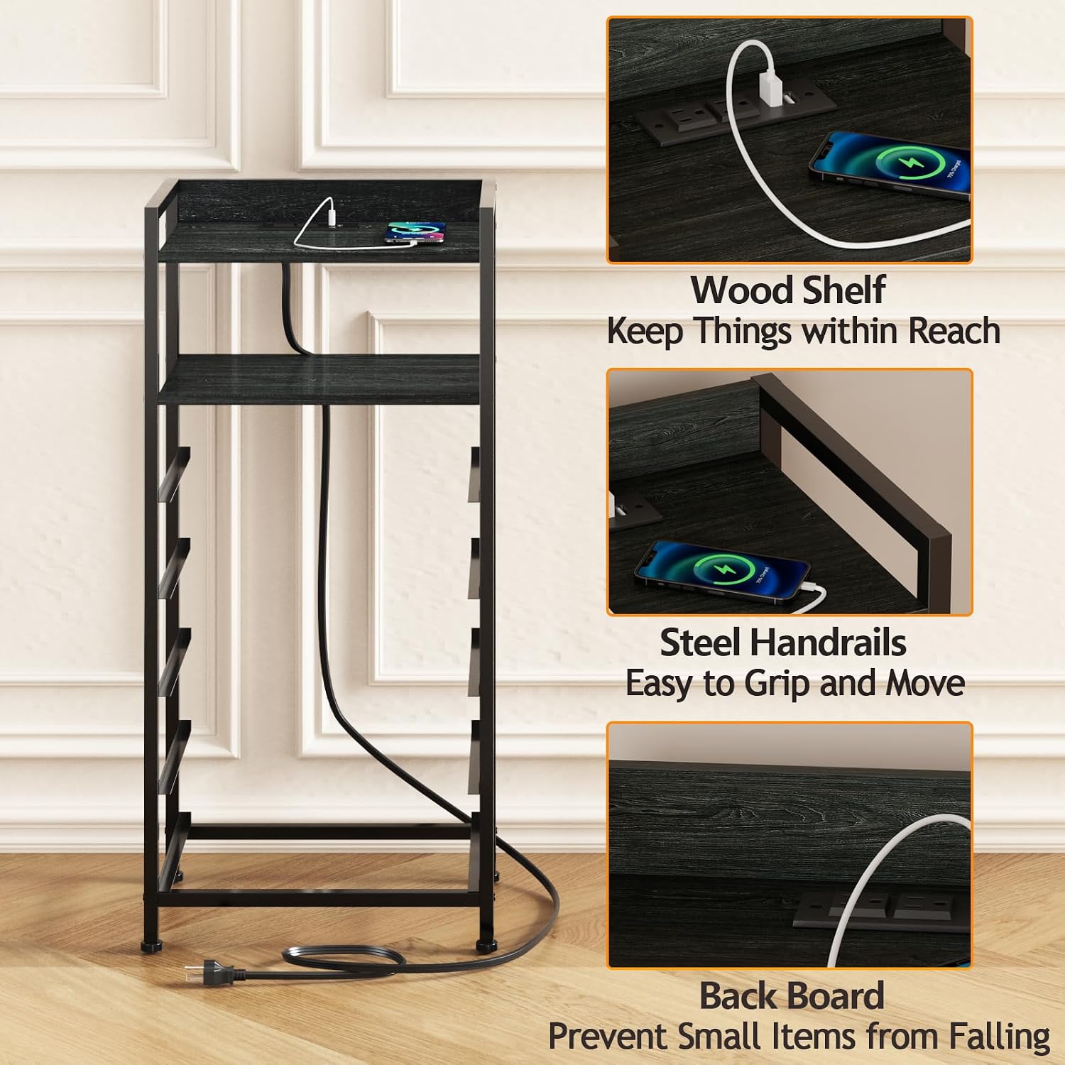 LED Nightstand with Charging Station, 4-Drawer Fabric Dresser, RGB Tall Bedside Table with Open Shelves