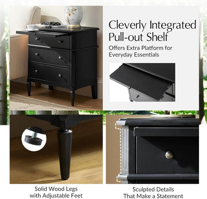 Hidden Storage Nightstand with Charging Station and Pull-Out Shelf