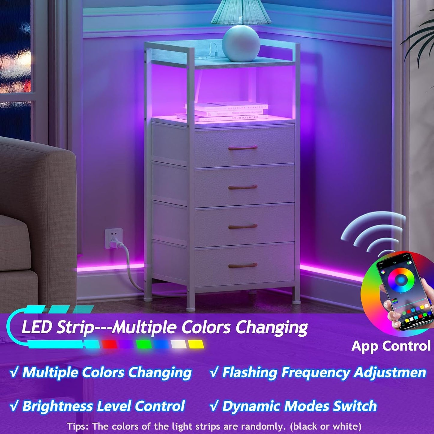 LED Nightstand with Charging Station, 4-Drawer Fabric Dresser, RGB Bedside Table with Open Shelf Storage