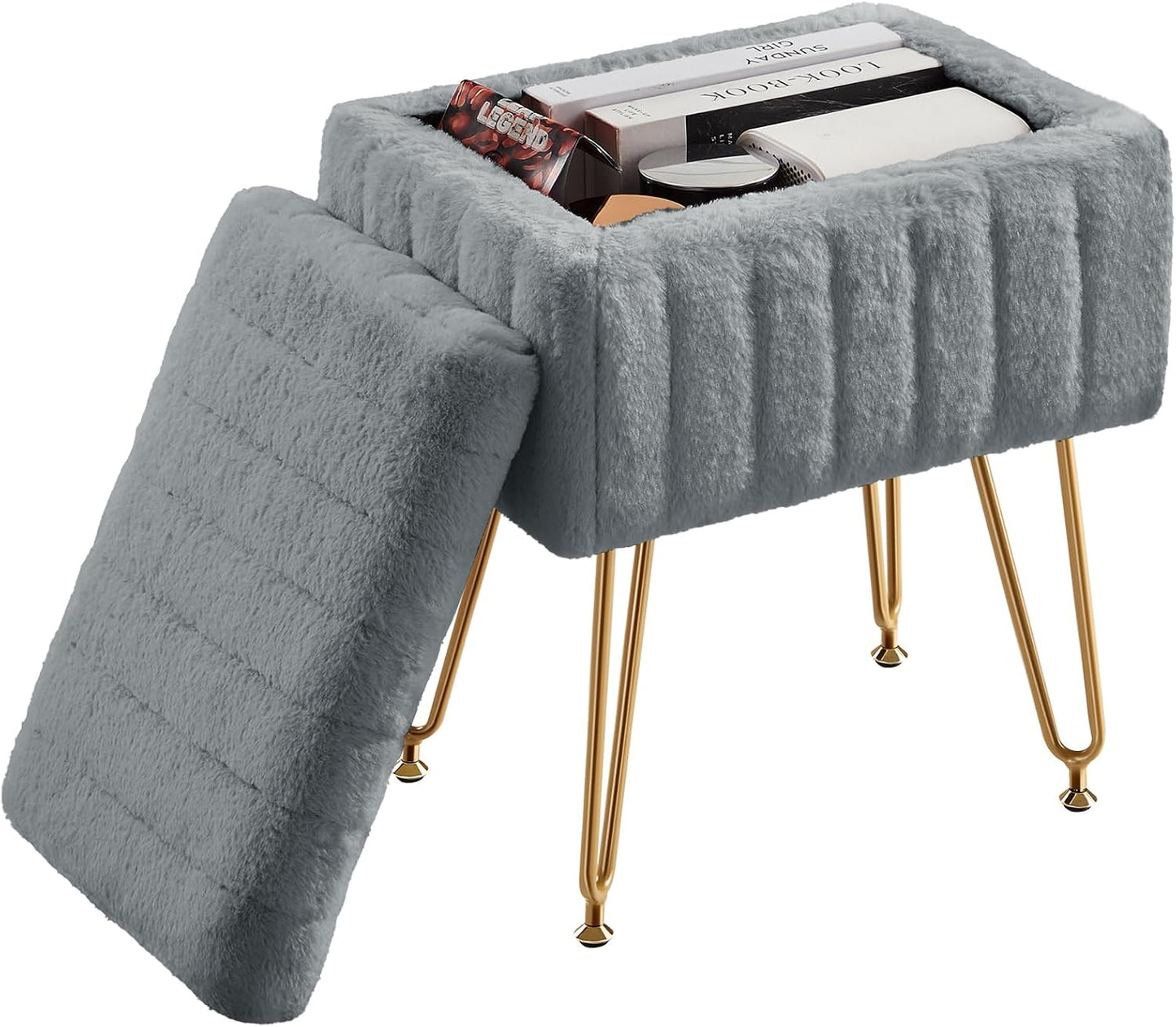 Faux Fur Vanity Stool with Storage, Makeup Chair Ottoman with Gold Legs, Multi-Functional Footrest Stool