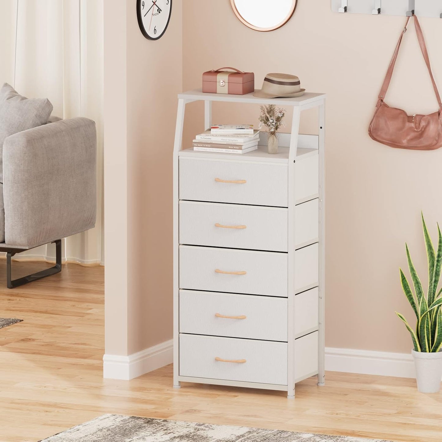 Tall Fabric Drawer Dresser, Narrow Storage Chest with Wooden Top & Metal Frame, Modern Bedroom Organizer