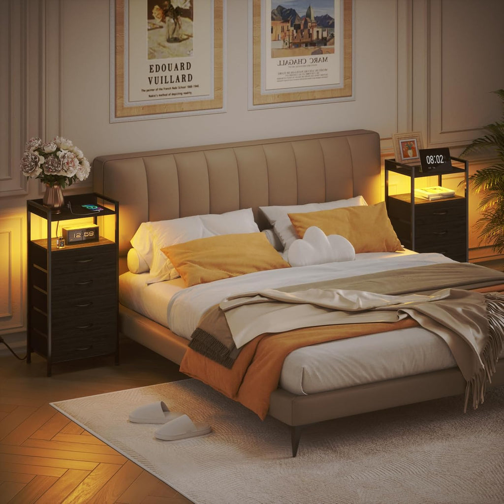LED Nightstand with Charging Station, 4-Drawer Fabric Dresser, RGB Tall Bedside Table with Open Shelves