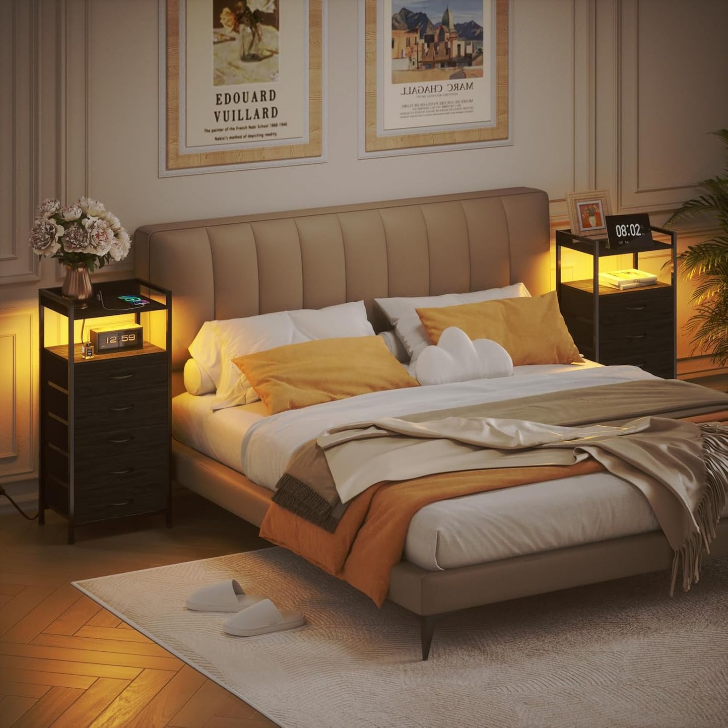 LED Nightstand with Charging Station, 4-Drawer Fabric Dresser, RGB Tall Bedside Table with Open Shelves