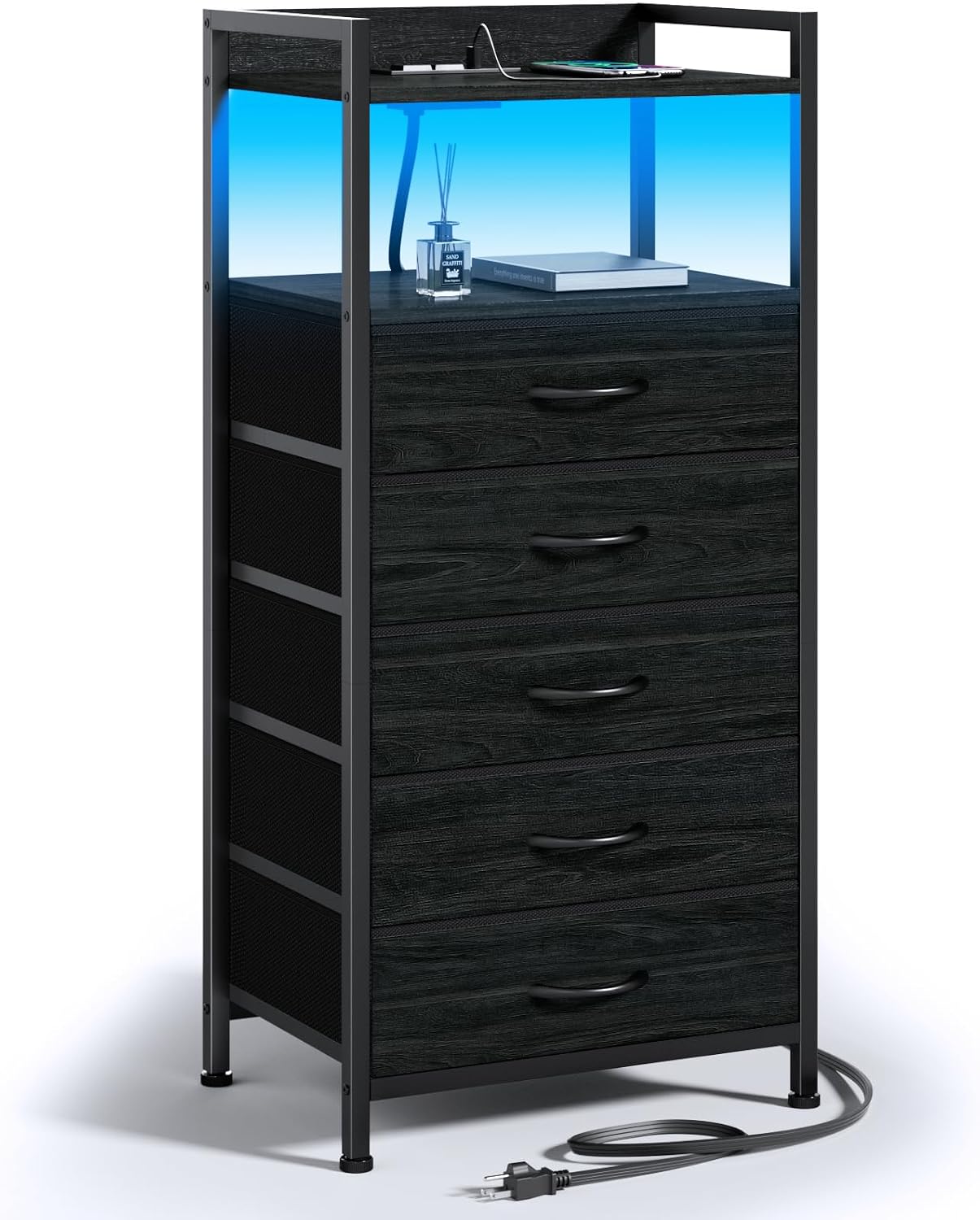 LED Nightstand with Charging Station, 4-Drawer Fabric Dresser, RGB Tall Bedside Table with Open Shelves