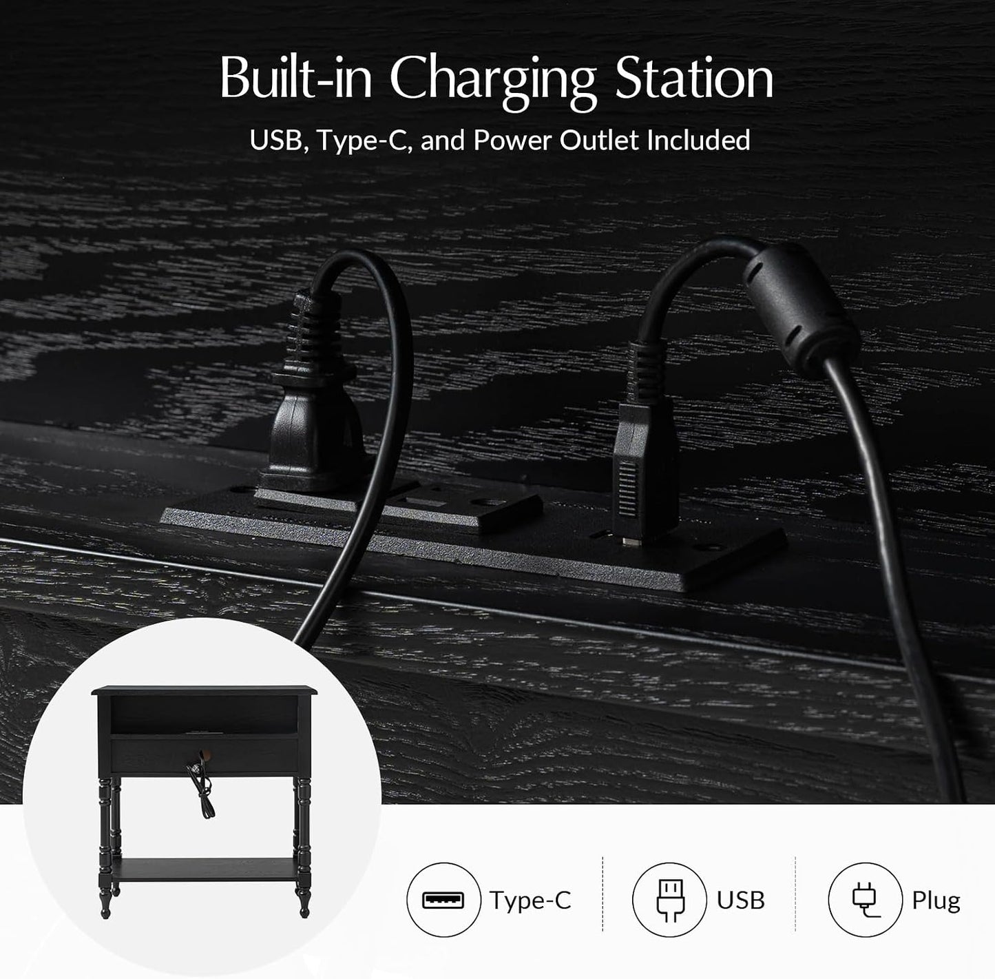 Modern 3-Tier Side Table with Built-In Charging Station and Solid Wood Frame