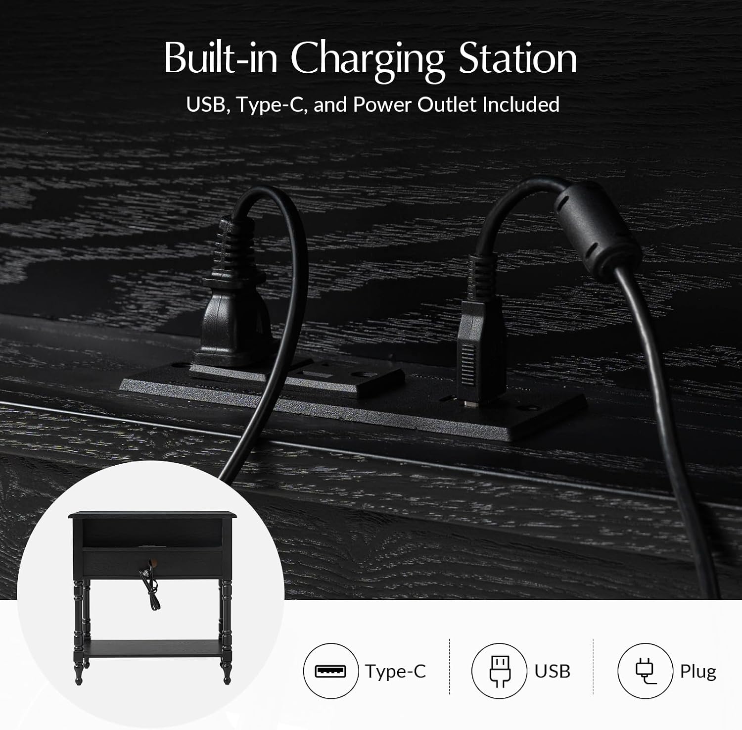 Modern 3-Tier Side Table with Built-In Charging Station and Solid Wood Frame