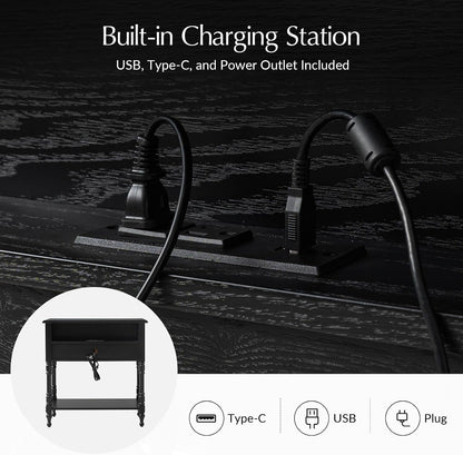 Modern 3-Tier Side Table with Built-In Charging Station and Solid Wood Frame