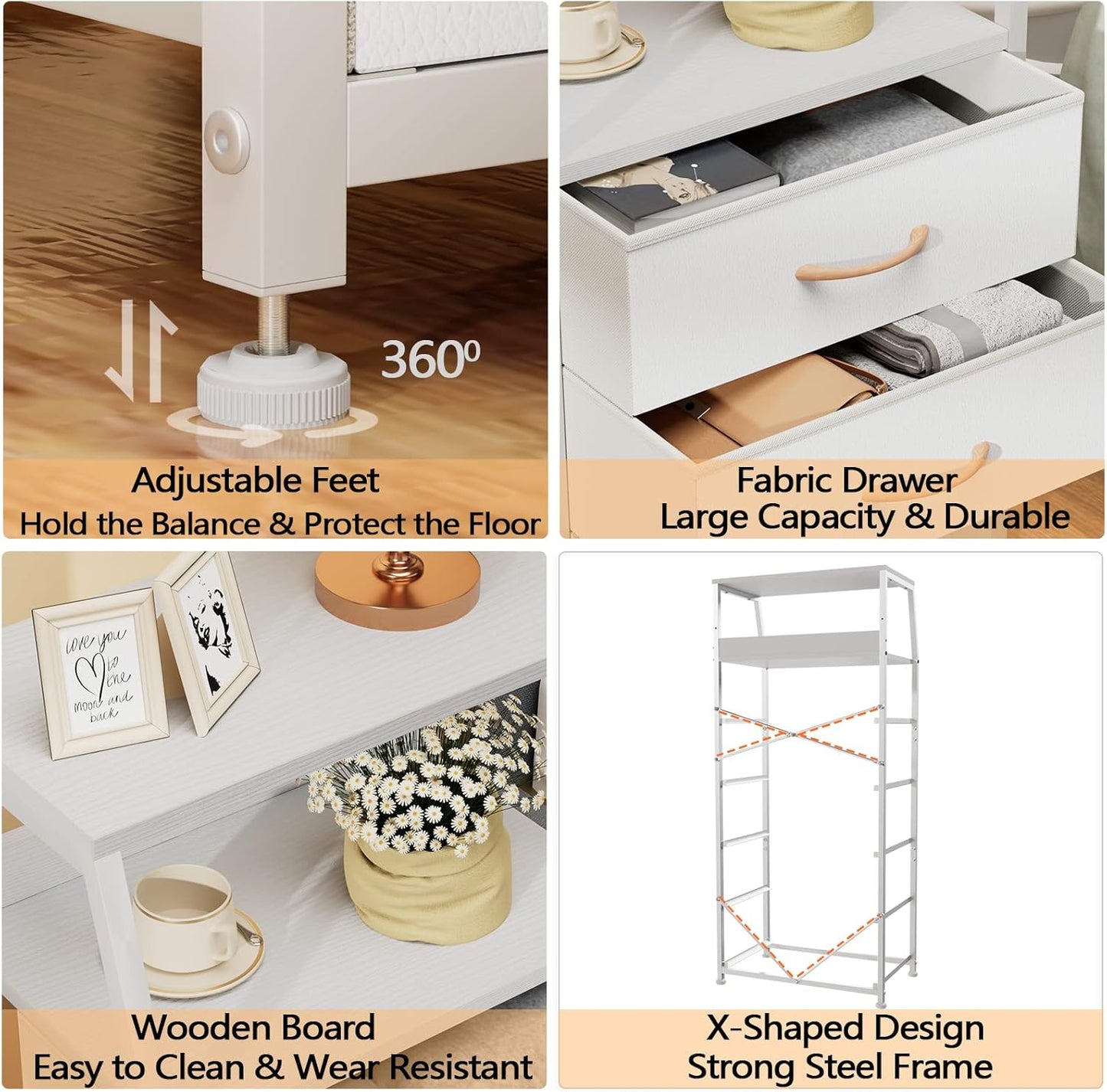 Tall Fabric Drawer Dresser, Narrow Storage Chest with Wooden Top & Metal Frame, Modern Bedroom Organizer