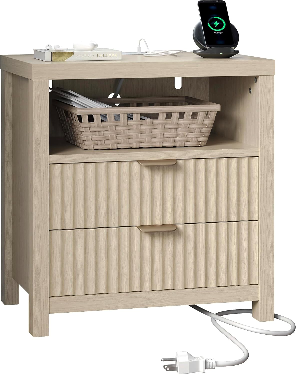 Nightstand with Charging Station, Fluted Wood Bedside Table with Drawer & Open Shelf, Modern End Table