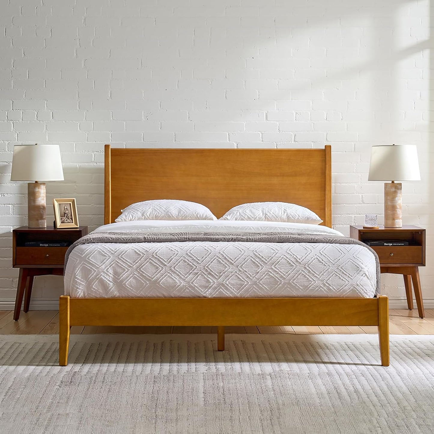 Complete Mid-Century Modern Bedroom Set with Bed Frame and Two Smart Nightstands