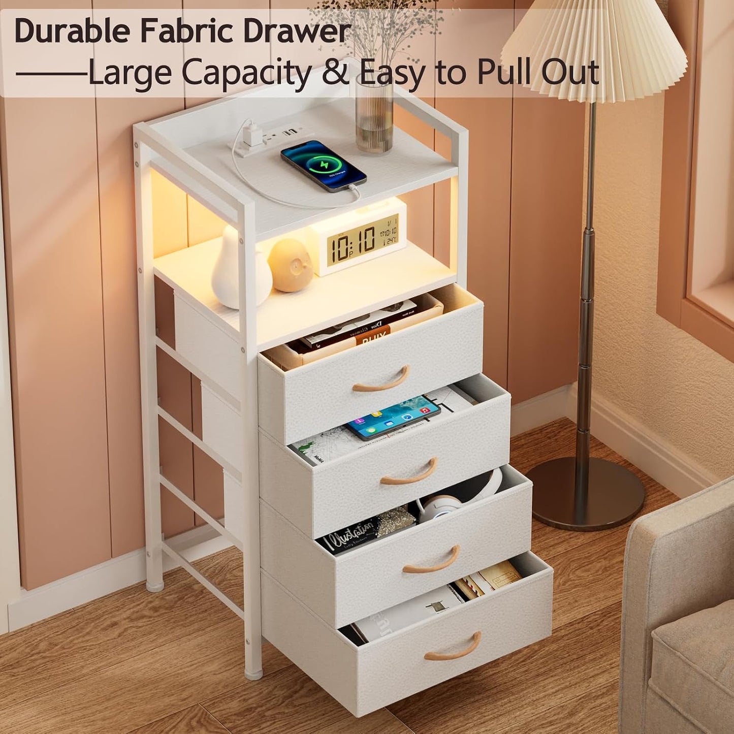 LED Nightstand with Charging Station, 4-Drawer Fabric Dresser, RGB Bedside Table with Open Shelf Storage