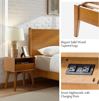 Complete Mid-Century Modern Bedroom Set with Bed Frame and Two Smart Nightstands