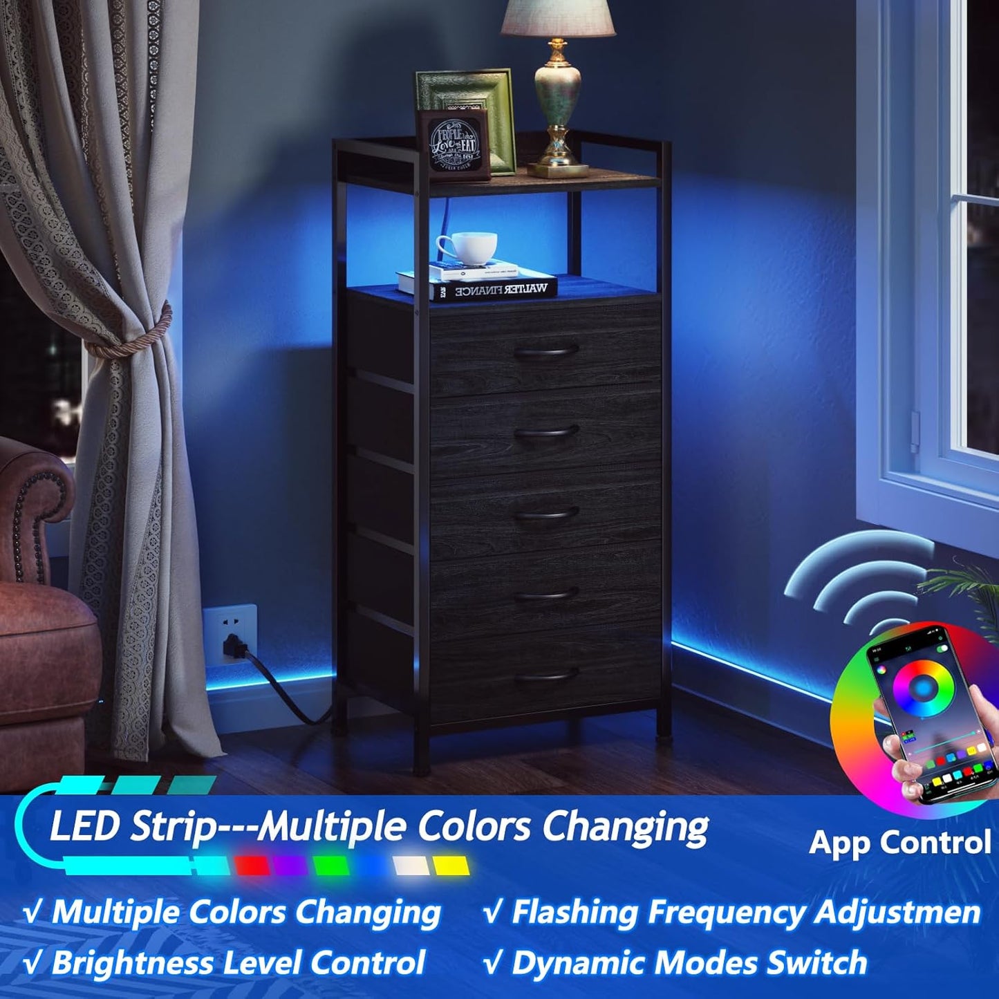 LED Nightstand with Charging Station, 4-Drawer Fabric Dresser, RGB Tall Bedside Table with Open Shelves