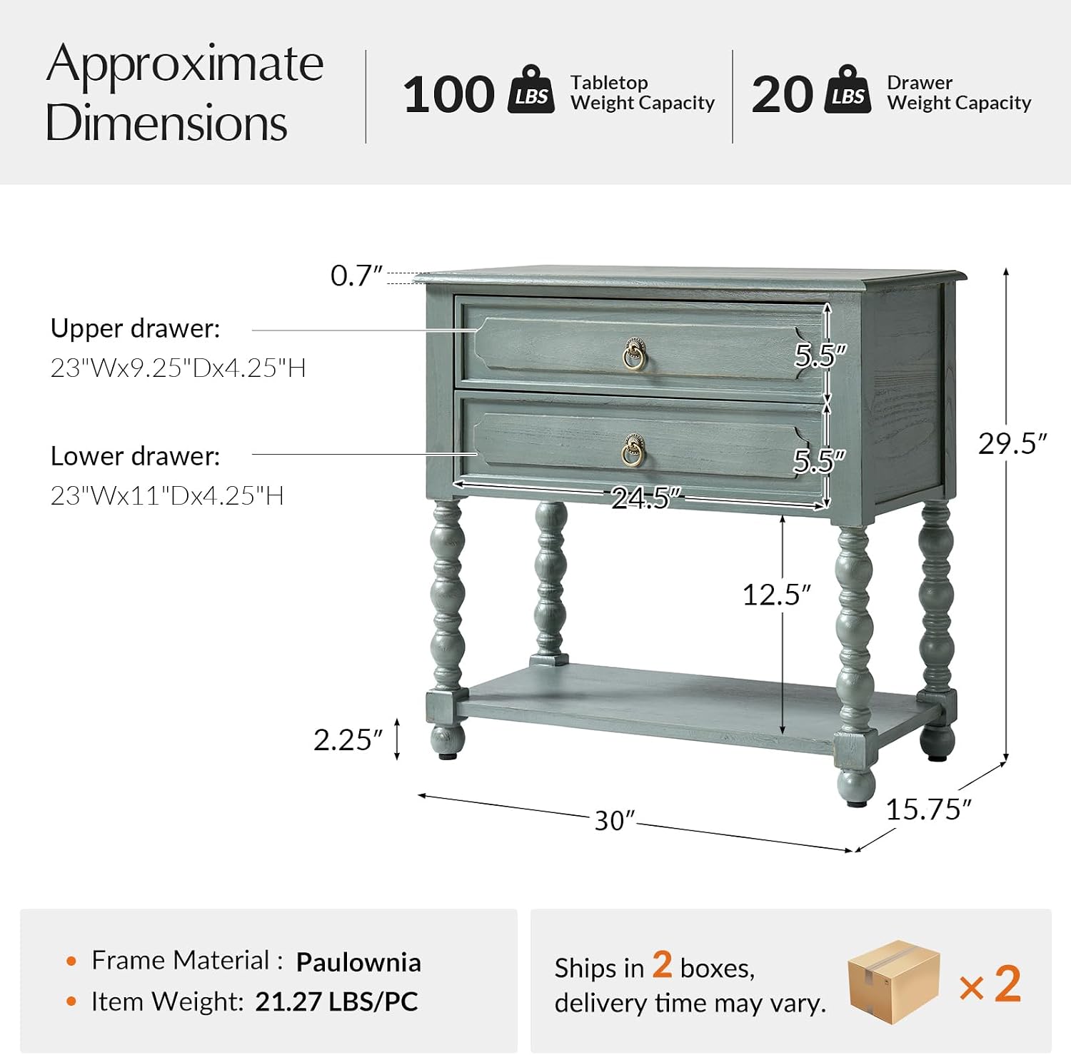 Vintage Solid Wood Nightstand with Drawers, Open Shelf and Charging Station