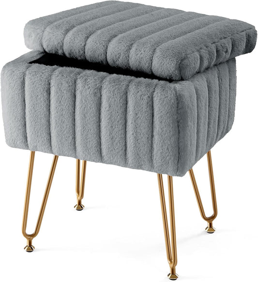 Faux Fur Vanity Stool with Storage, Makeup Chair Ottoman with Gold Legs, Multi-Functional Footrest Stool