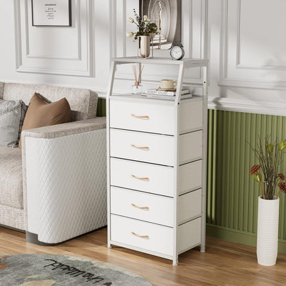 Tall Fabric Drawer Dresser, Narrow Storage Chest with Wooden Top & Metal Frame, Modern Bedroom Organizer