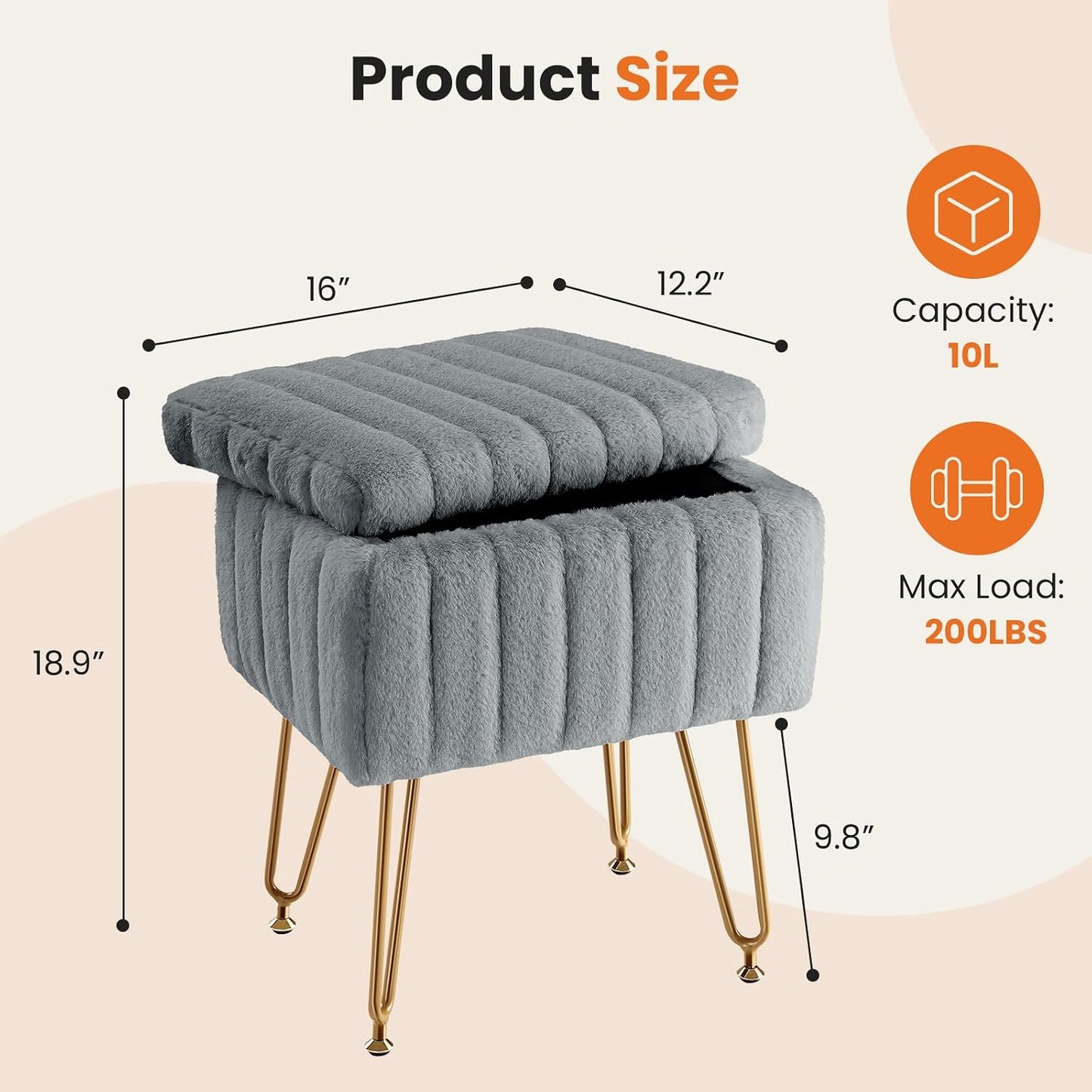 Faux Fur Vanity Stool with Storage, Makeup Chair Ottoman with Gold Legs, Multi-Functional Footrest Stool