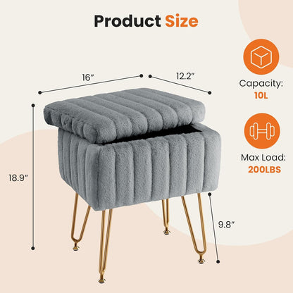 Faux Fur Vanity Stool with Storage, Makeup Chair Ottoman with Gold Legs, Multi-Functional Footrest Stool