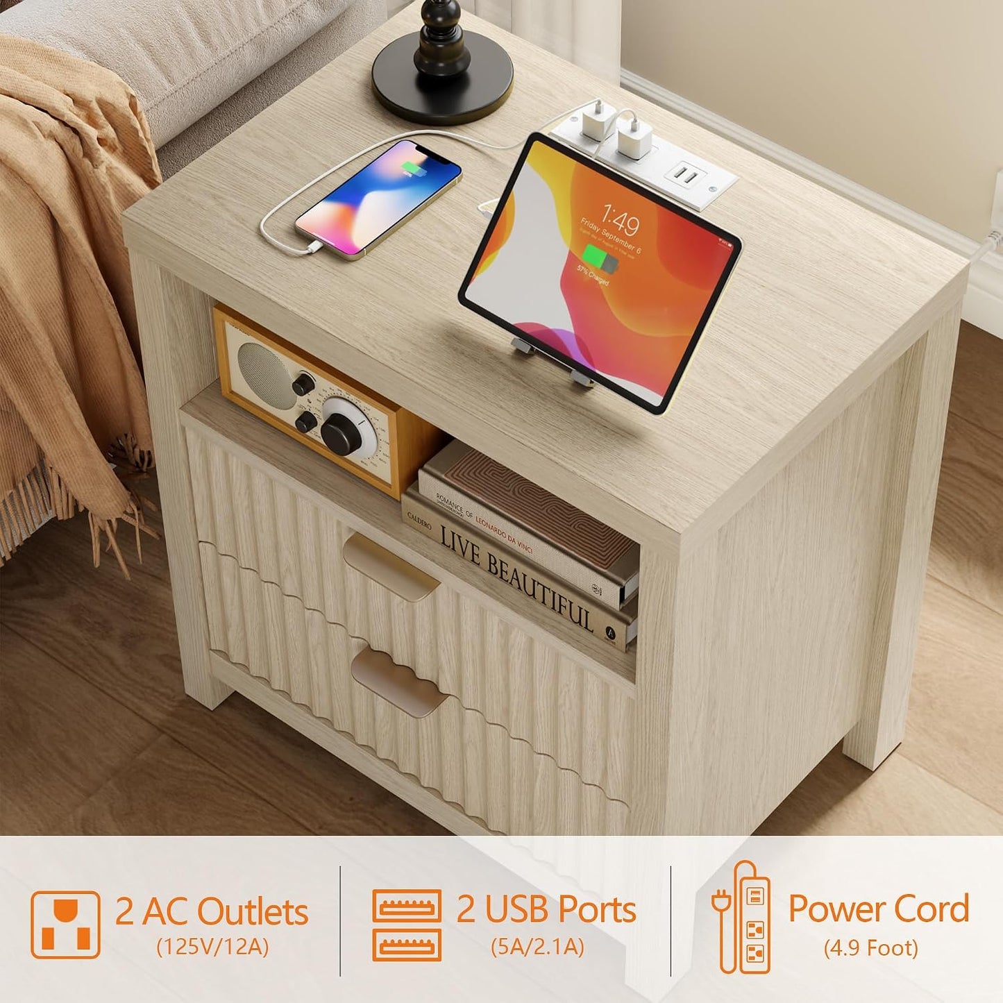 Nightstand with Charging Station, Fluted Wood Bedside Table with Drawer & Open Shelf, Modern End Table